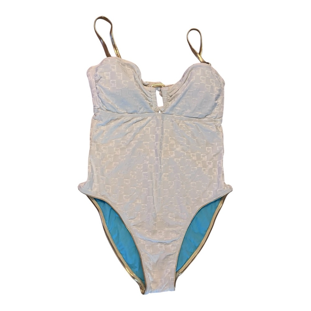 NWT St John White Keyhole SJ brand One-Piece Swimsuit w Gold Trim Sz 12